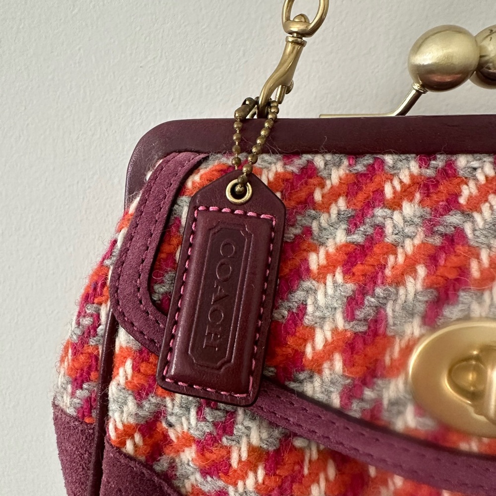 Coach kisslock vintage Houndstooth tweed and suede Frame Satchel in Plum - Picture 10 of 13